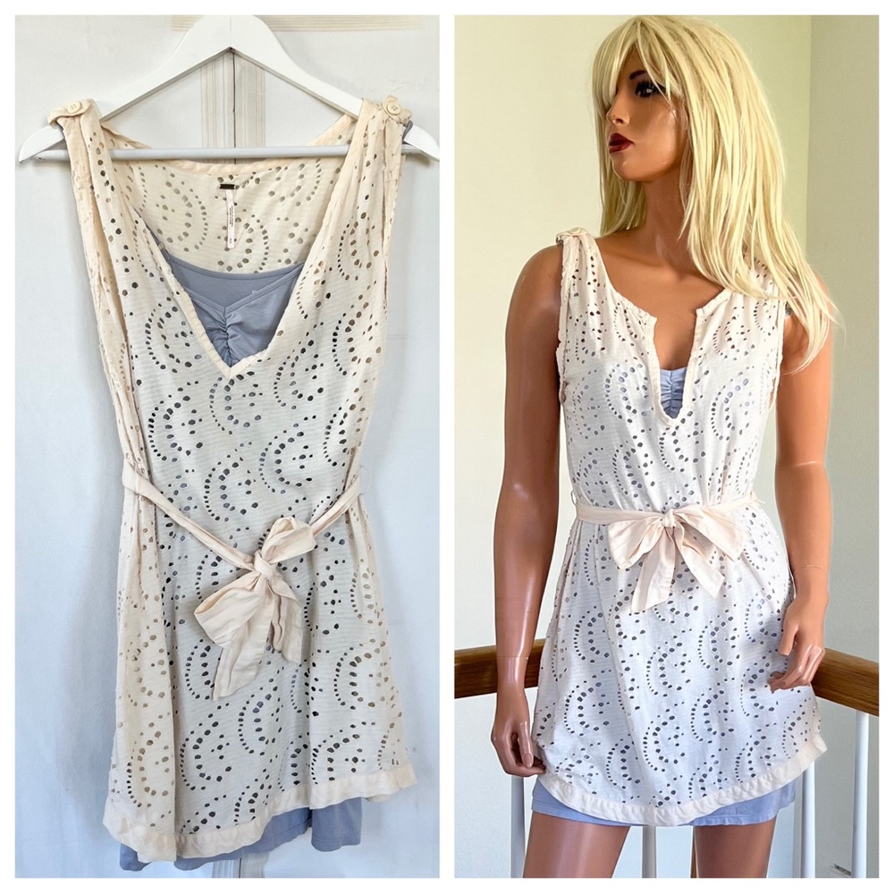 FREE PEOPLE Cream Eyelet Blue Liner Dress